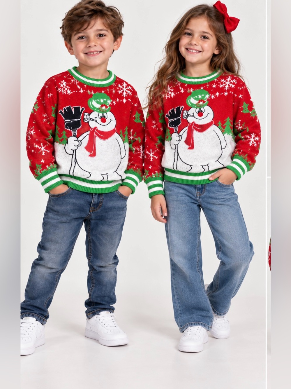 Kids' Festive Snowman Crewneck Sweater - Red, White & Green